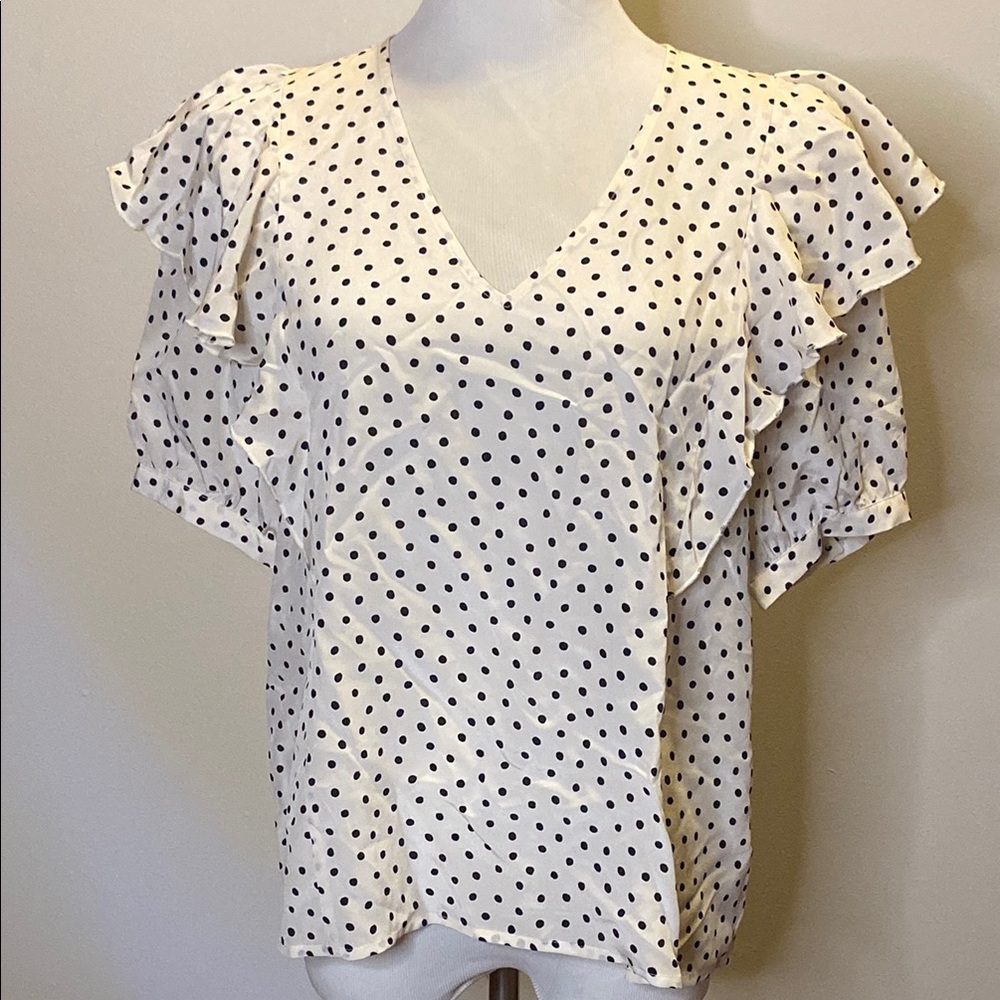 Madewell White and Black Ruffled Cap Sleeve Blouse